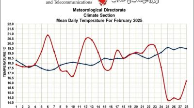Line graph showing mean daily temperatures for February 2025 and 1991-2020 in Bahrain. Temperatures fluctuate around 18-21°C, with a notable drop on the 28th in 2025.