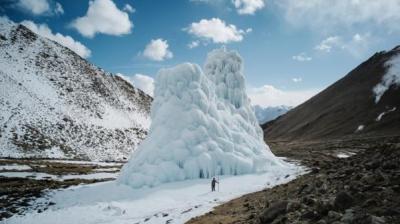 A person stands beside a large, conical ice structure in a mountainous landscape under a partly cloudy sky. Snow covers parts of the surrounding area.