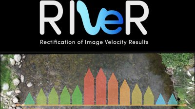 RIVER" logo with colored arrows pointing upwards, labeled "Rectification of Image Velocity Results," overlaid on a creek background.