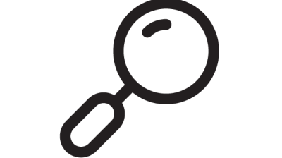 Black magnifying glass icon on a white background, pointing to the bottom left.