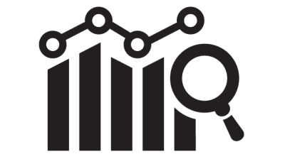 Icon of a bar graph with a line graph overlay and a magnifying glass, symbolizing data analysis or statistics review.