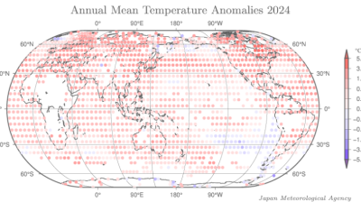 World map showing 2024 temperature anomalies, with red and blue dots indicating warmer and cooler areas, respectively. Data by Japan Meteorological Agency.