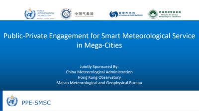 Slide displaying logos of meteorological organizations and text about a public-private engagement for smart meteorological service in mega-cities, sponsored by Chinese and Hong Kong entities.