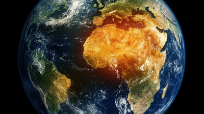 A view of Earth from space showing parts of Africa, Europe, and the Middle East. The planet is illuminated, with visible clouds and landmasses, against a black background.