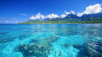 Clear blue water with submerged coral in the foreground, a lush green island with mountains and a blue sky with clouds in the background.