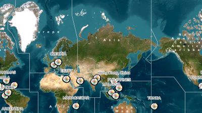 A world map showing several countries marked with multicolored circular icons, including Czechia, Egypt, Hong Kong, Malaysia, Philippines, and Madagascar.