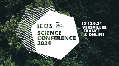 Banner for the ICOS Science Conference 2024 with event details overlaid on an aerial view of a forest, announcing the date, location in Versailles, France, and online participation.