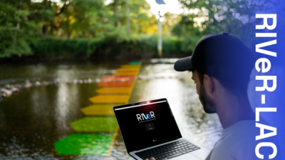 A person with a laptop sits by a river with colorful platforms across the water and a solar panel in the background. Text on the image reads "RIVeR-LAC.
