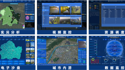 Screenshot grid of six different blue-themed control and analysis interfaces with Chinese text, displaying maps, charts, live video feeds, and data visualization dashboards.