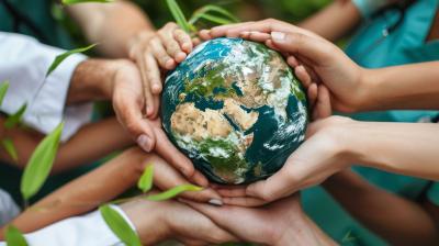 Multiple hands of diverse individuals are holding a small globe together, with green leaves in the background, symbolizing unity and environmental care.