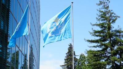 Two blue World Meteorological Organization flags flying outside a glass building, with tall evergreen trees and a clear blue sky in the background.