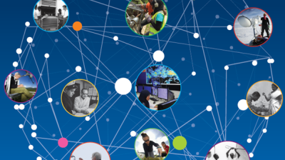 A network diagram with interconnected nodes, each containing circular photos of people engaged in various scientific and technical activities.