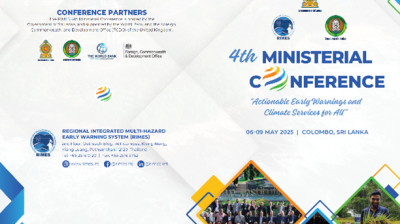 Promotional poster for the 4th Ministerial Conference on Early Warnings and Climate Services, taking place 6-9 May 2025 in Colombo, Sri Lanka, with logos and a group photo.