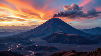 A volcano emits smoke under a dramatic, colorful sunset sky, with winding rivers and mountains visible in the surrounding landscape.