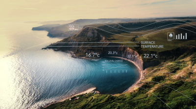 Aerial view of a coastal landscape with overlaid data showing CO2 levels, surface temperature, and sea level change metrics.