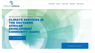 Screenshot of the FOCUS-AFRICA website homepage highlighting climate services in the Southern African Development Community (SADC) with navigation menus and call-to-action buttons.