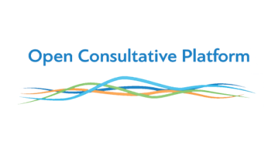 Logo with the text "Open Consultative Platform" above interwoven blue, green, and orange curved lines on a white background.