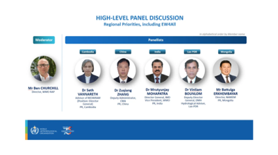 Screenshot of a panel discussion slide showing moderator Ben Churchill and five panelists from Cambodia, China, India, Lao PDR, and Mongolia, with their names, photos, and titles.