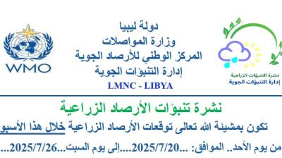 A weather bulletin banner from the Libyan National Meteorological Center, showing the WMO and agriculture department logos, with Arabic text announcing agricultural forecasts for July 20-26, 2025.