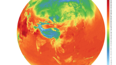 Global map showing 2-meter temperature distribution for August 23, 2024, with warmer regions in red and cooler areas in blue and green.