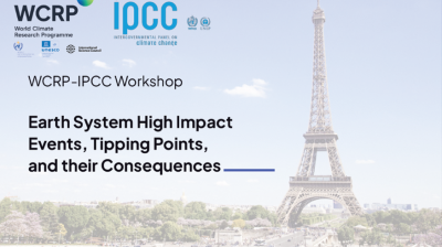 WCRP-IPCC Workshop promotional graphic with event title and logos, featuring the Eiffel Tower in the background.