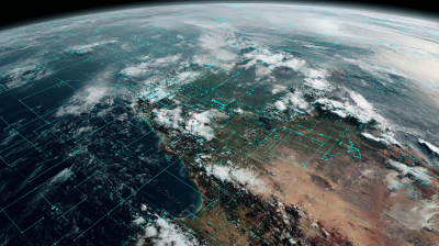 A view of Earth from space showing clouds, land, and digital grid overlays highlighting data points across the surface.