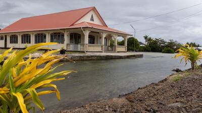 A house with a red roof sits beside a flooded street on a cloudy day, with yellow flowers and greenery in the foreground.