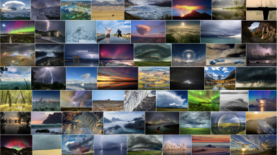 A collage of diverse landscape and weather phenomena, including storms, mountains, auroras, deserts, glaciers, and sunsets in various natural environments.