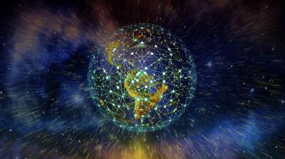 A digital illustration of Earth surrounded by interconnected lines and nodes, representing global communication or a network, with a space-themed background.