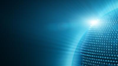 A digital sphere covered in binary code is illuminated by a bright light against a blue background, symbolizing technology and data.