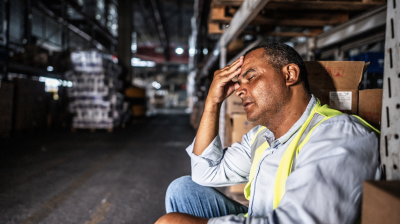 A man in a high-visibility vest sits in a warehouse aisle, resting his head on his hand and appearing stressed or tired.