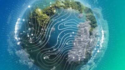 A digitally rendered Earth with overlaying white lines, dots, and circuit patterns, symbolizing technology, data, and global connectivity.