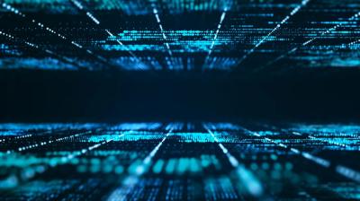 Abstract digital background featuring blue and teal lines and dots forming a grid pattern, creating a sense of depth and perspective, representing data or technology.