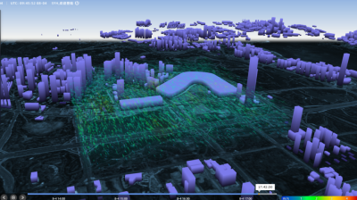 3D visualization of a cityscape with translucent purple buildings and green data lines overlay, showing wind flow patterns at 17:42:50. Time and date stamps are visible at the bottom.