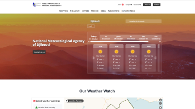 Screenshot of the National Meteorological Agency of Djibouti website showing a five-day weather forecast with sunny conditions.