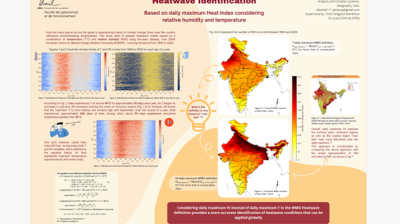 A scientific poster presents maps and charts analyzing heatwaves in India based on heat index, temperature, and humidity from 2000–2015, highlighting regions at risk.