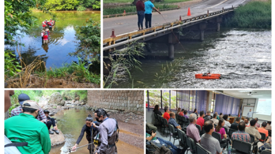 Collage showing people conducting water testing in rivers and streams, using equipment on a bridge, and attending a presentation in a classroom setting.