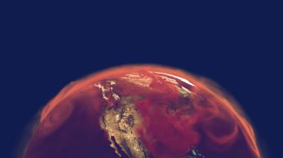 A view of Earth from space with North America visible, covered by swirling red and orange hues representing atmospheric pollution or heat.