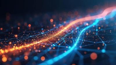 Abstract graphic showing glowing blue and orange data streams flowing across a network of connected nodes, conveying digital connectivity, information flow and collaboration.