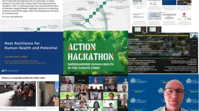 A collage of presentations, video calls, and materials focused on climate action, health resilience, and innovation from various organizations and events.