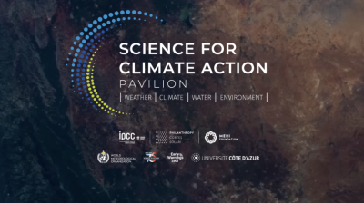 Overhead view of Earth's terrain with text overlay: "Science for Climate Action Pavilion" and logos of supporting organizations.