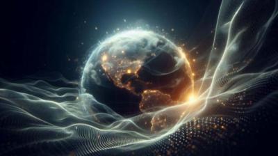 A digital rendering of Earth with illuminated continents is surrounded by glowing, flowing lines representing data or energy networks.