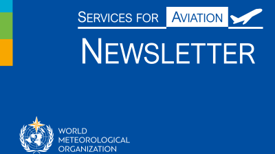 World Meteorological Organization graphic with text: "Services for Aviation Newsletter" and an airplane icon on a blue background.