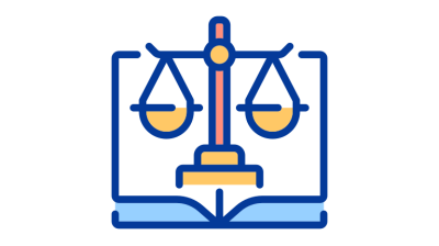 Illustration of a balance scale over an open book, symbolizing justice and law.