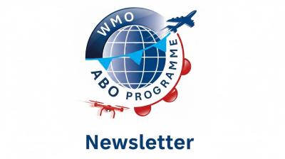 Logo for the WMO ABO Programme newsletter, featuring a globe, an airplane, a drone, and blue pennant flags with the text "WMO ABO Programme.