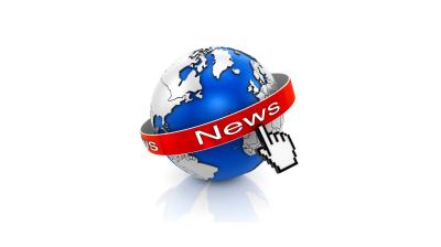 A computer mouse cursor clicks on a red "News" banner wrapped around a globe, symbolizing global online news access.
