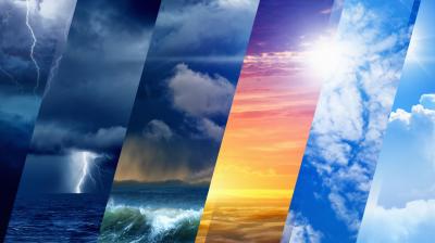 A split image showing different weather conditions: lightning storm, rain, cloudy sky, sunset, sunny sky, and partly cloudy sky above the sea.