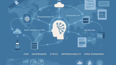Infographic illustrating data integration concepts such as interoperability, APIs, data assimilation, validation, and key principles like ethics, governance, reproducibility, and open standards.
