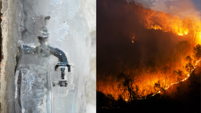 Split image: On the left, a water faucet is frozen in ice; on the right, a wildfire spreads across a forested hillside at night.