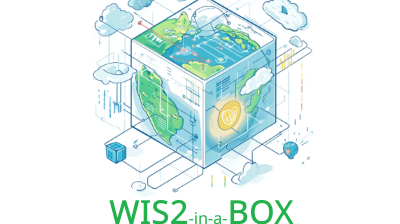 Illustration of a transparent cube containing a digital globe and technology icons, representing "WIS2-in-a-BOX version 1.2" with clouds and network connections around it.